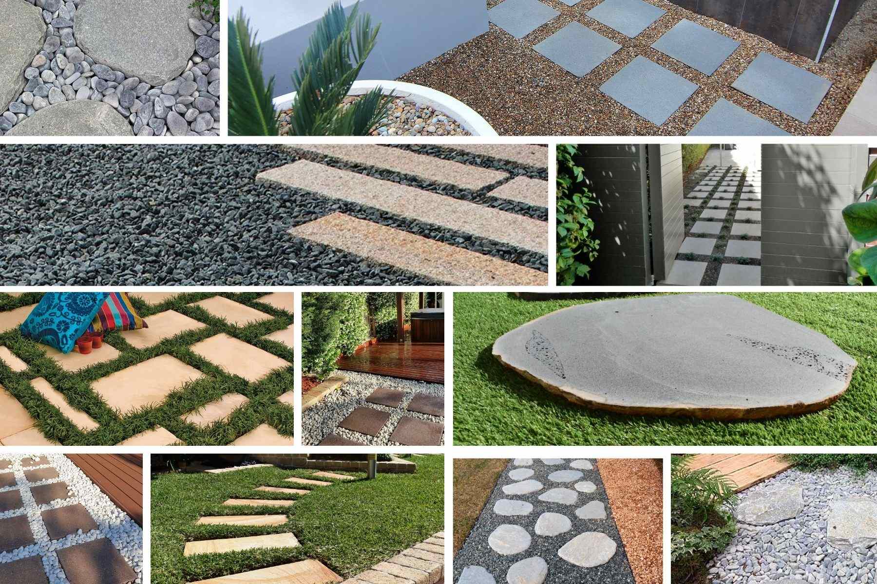 different types of steppings stones, natural stepping stones with natural pebbles and square concrete pavers used