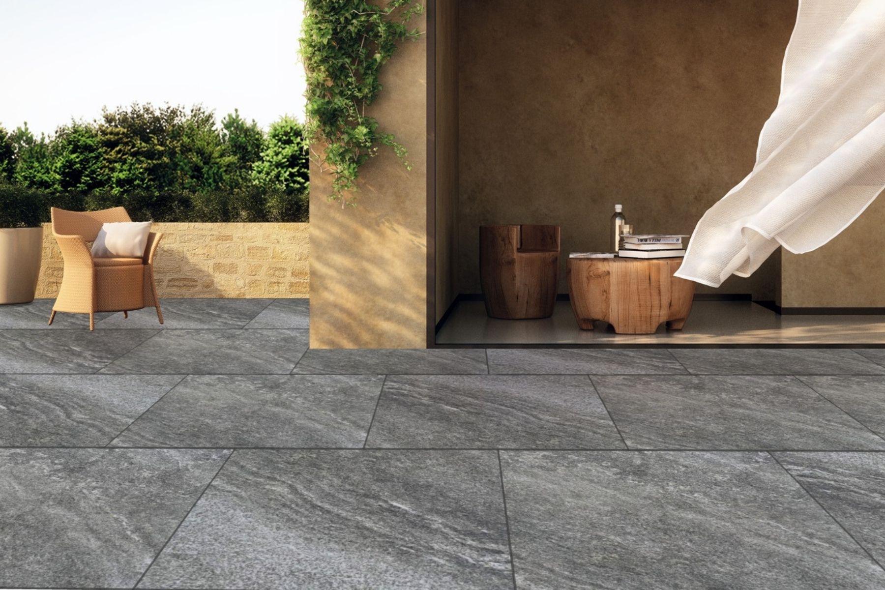 raven porcelain pavers in 20mm large format laid in brick pattern with a natural elegant look