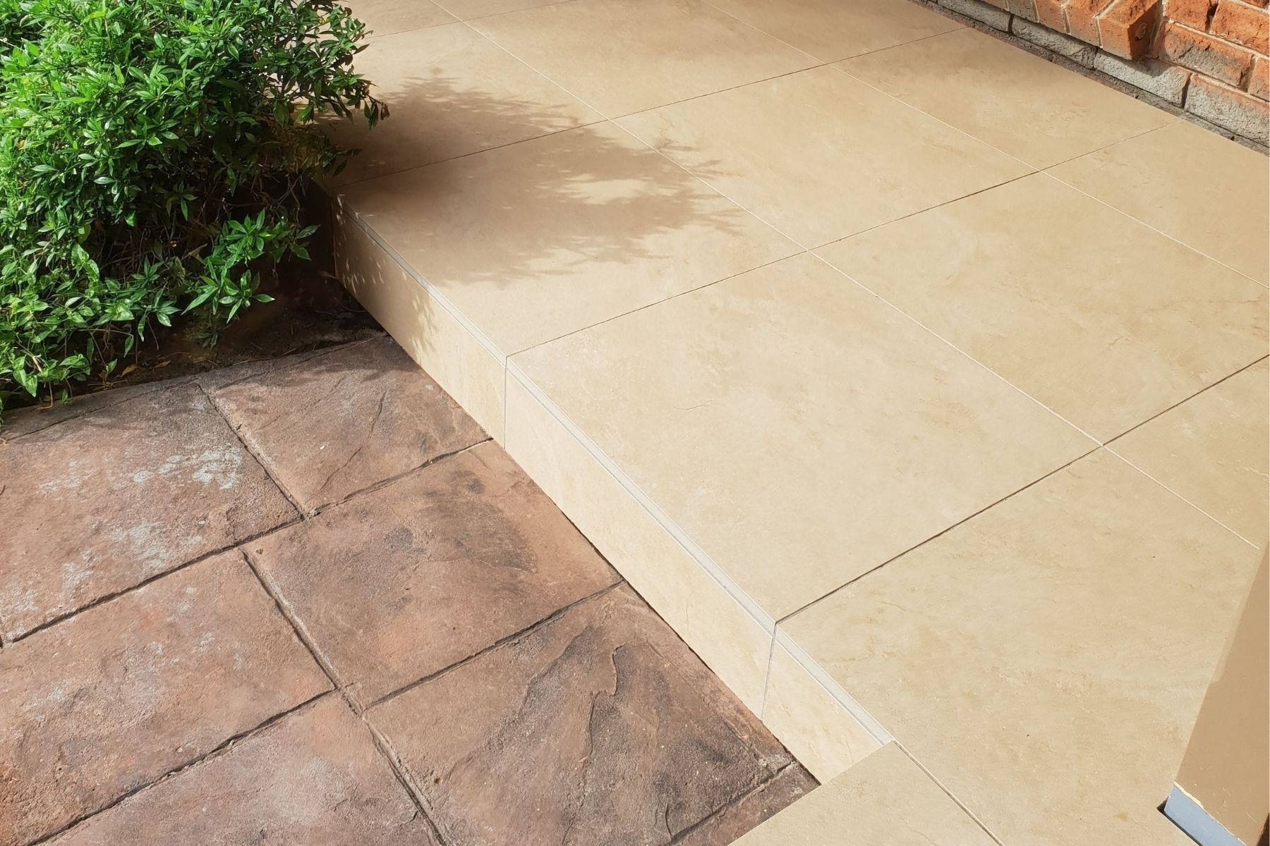 travertine porcelain pavers for patio with one step