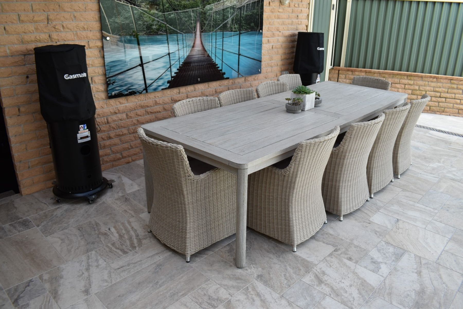 patio pavers in travertine in an entertainment area